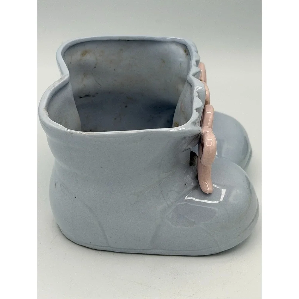 Vintage Baby Booties Planter Blue Pink Bows Velco-1 Ceramic Nursery Decor